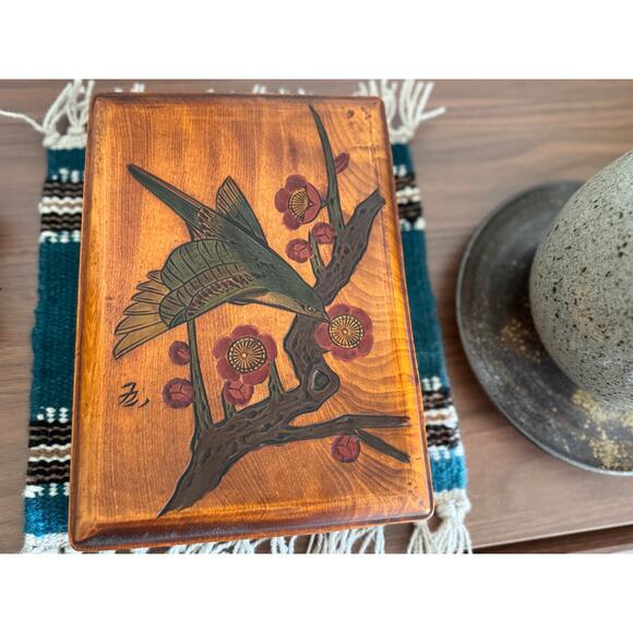 Vintage Japanese Urushi Lacquer Art Wooden Box, Handcarved Bird & Flower, Signed - Picture 2 of 16